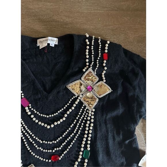 Vtg 90s Outlander Women’s Black Angora Rabbit Hair and Silk Blend Jewels Beads L - Picture 3 of 11
